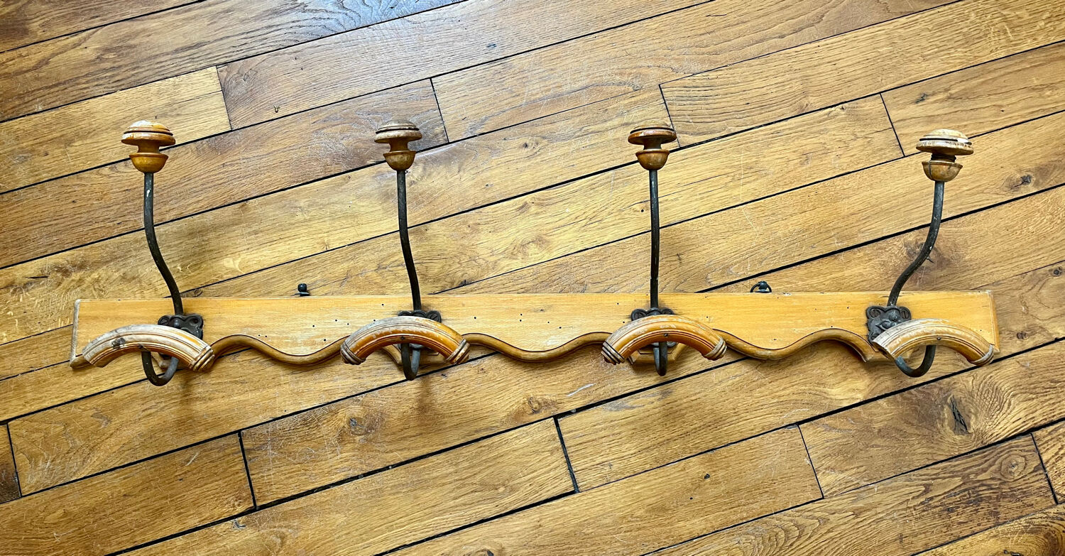 Wall coat rack in wood and old metal
