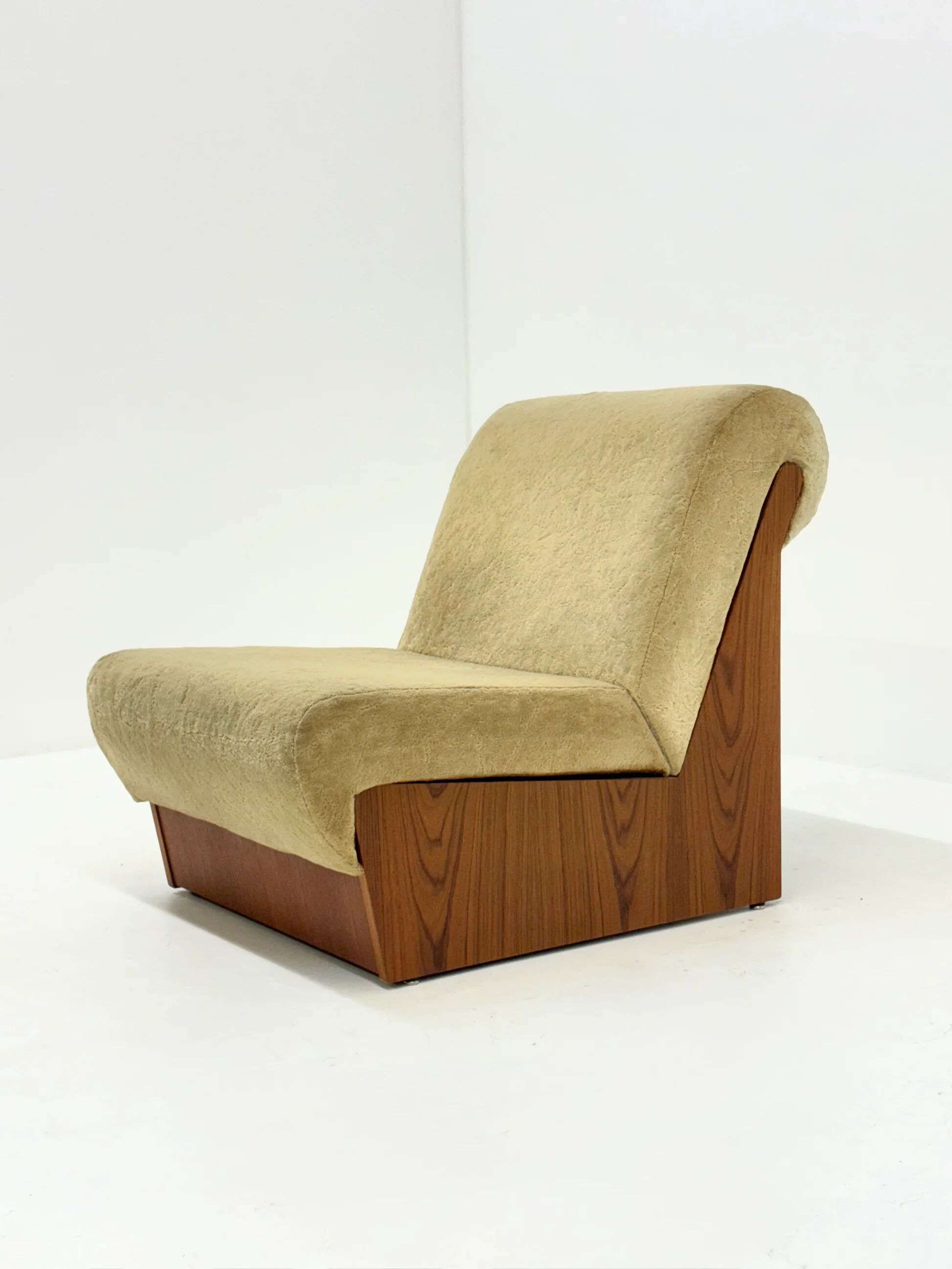 Vintage mid-century beige armchair with wooden frame and ottoman