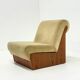 Vintage mid-century beige armchair with wooden frame and ottoman