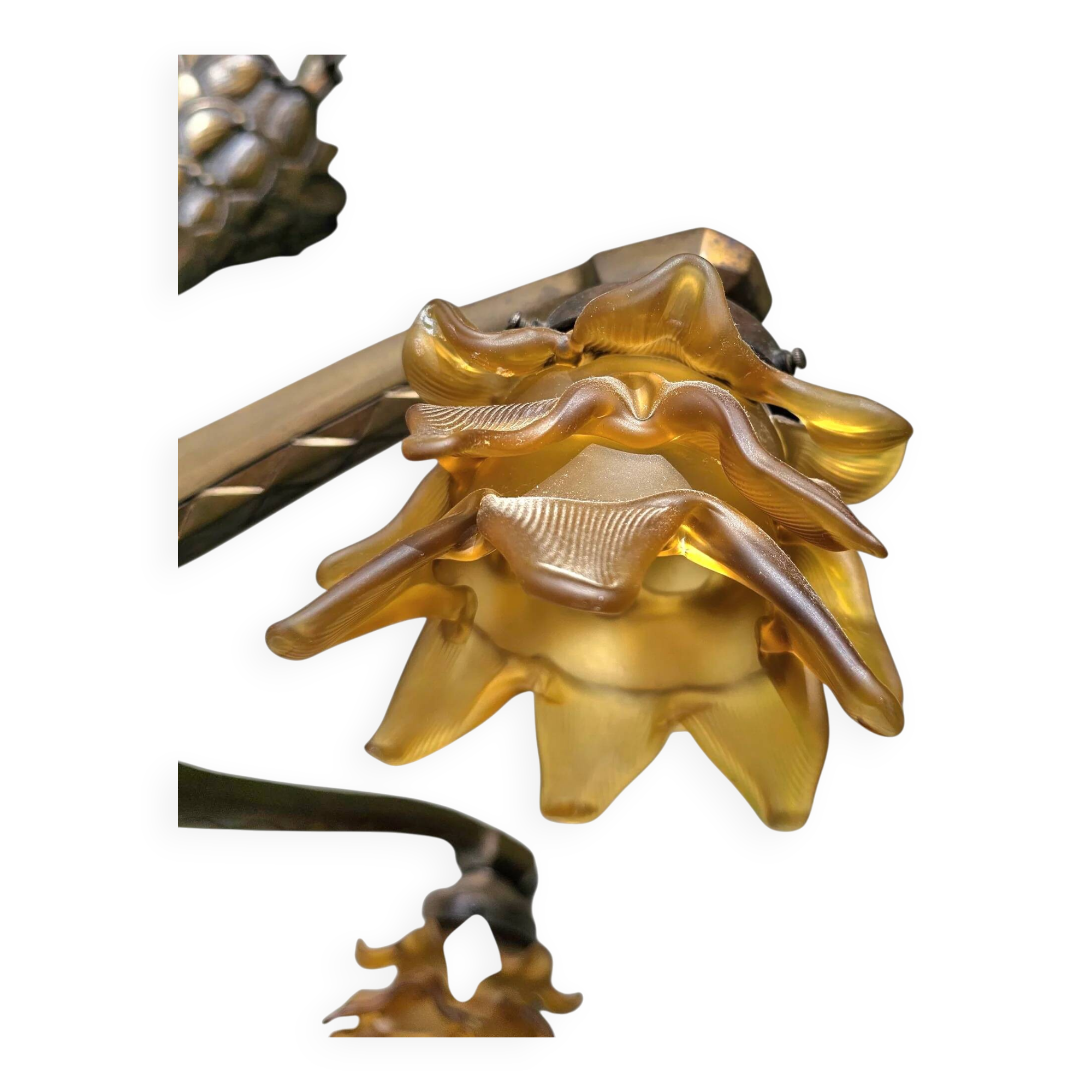 5 arms Art Deco / Art Nouveau / brass hanging lamp / Hand blown floral shades