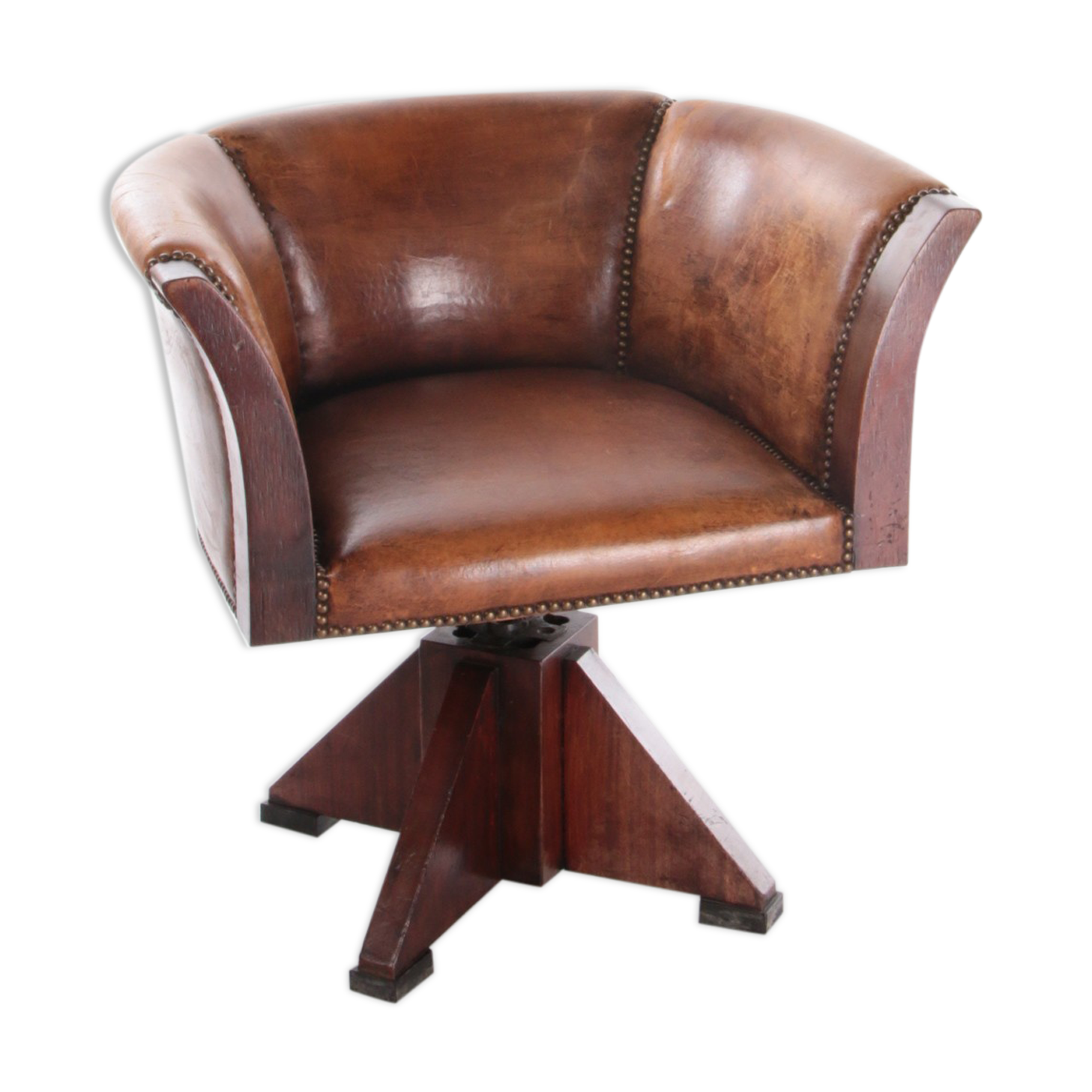 Sheepskin leather desk chair with wooden swivel base, 1970
