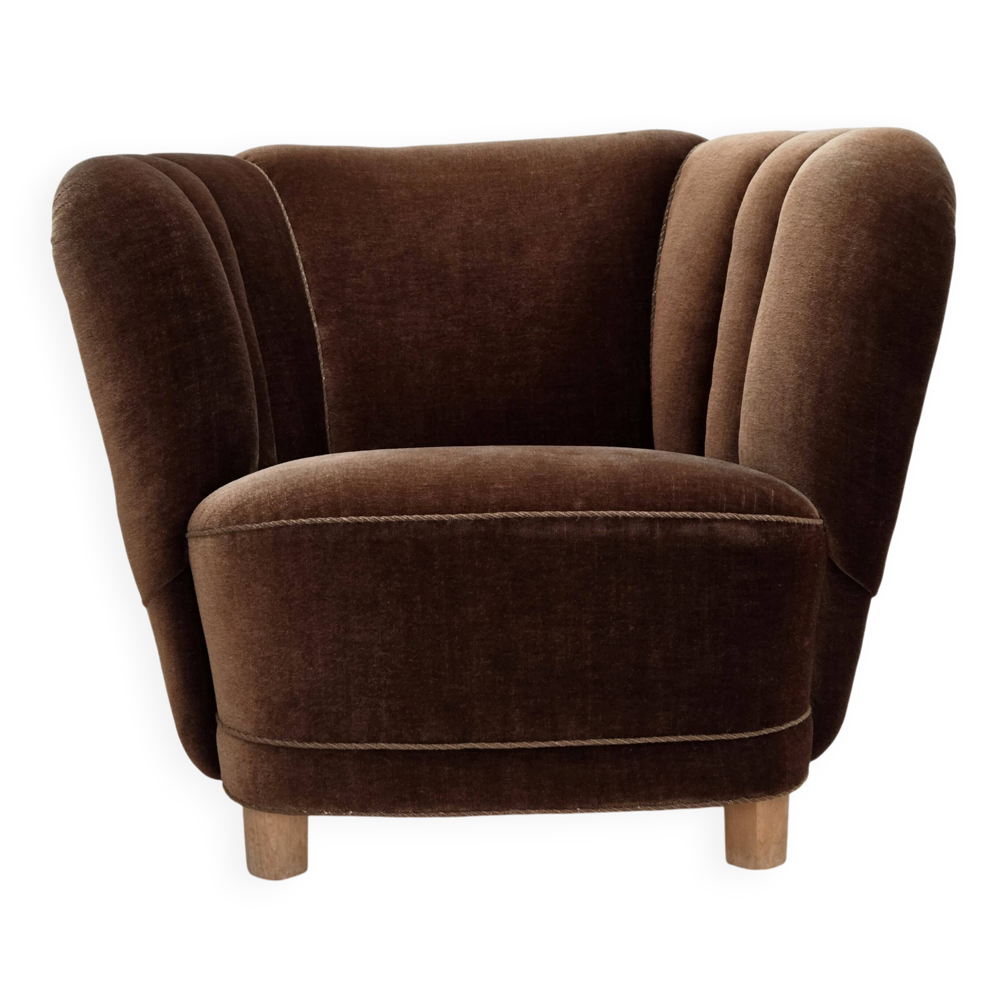1960s, Danish curved chair, brown furniture velour.