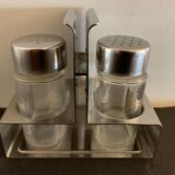 Italian salt and pepper shaker in stainless steel and Alessi glass, 1980