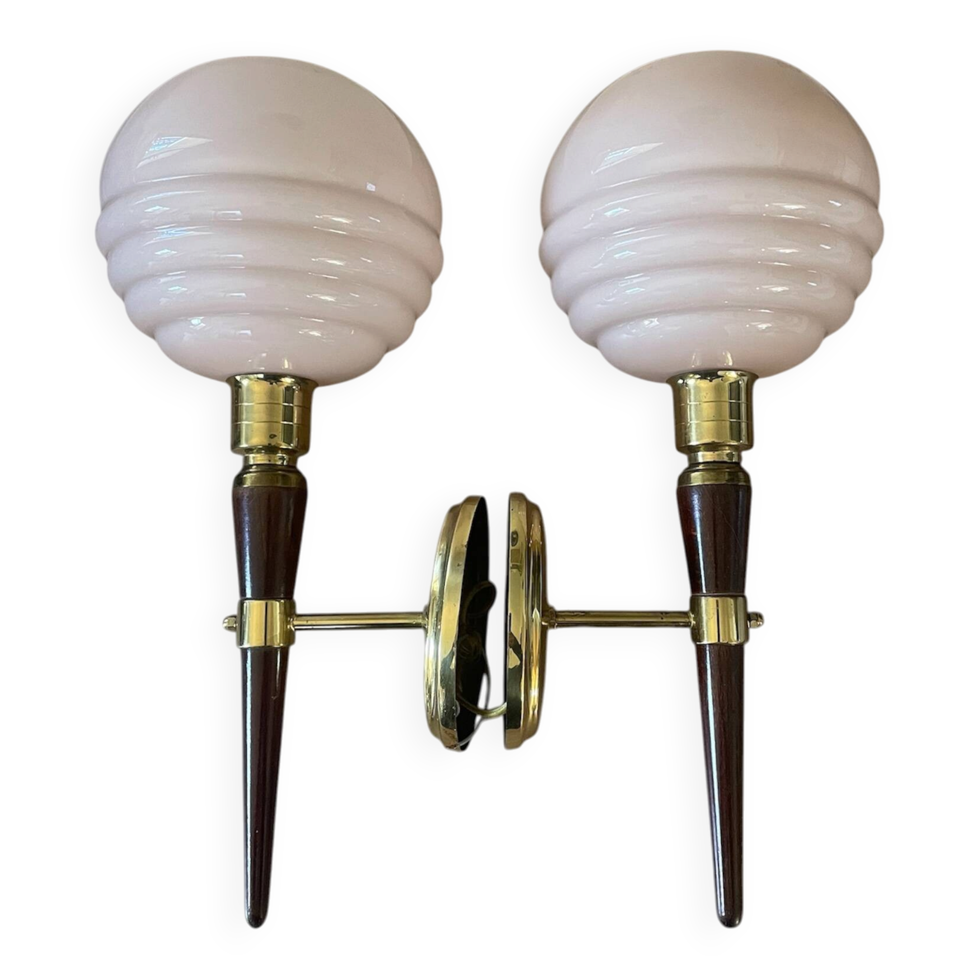 Pair of wall lights in wood, brass, and pink opaline.