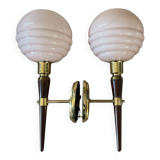 Pair of wall lights in wood, brass, and pink opaline.