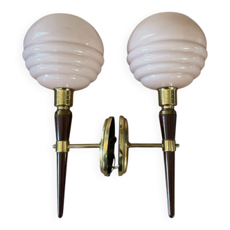Pair of wall lights in wood, brass, and pink opaline.