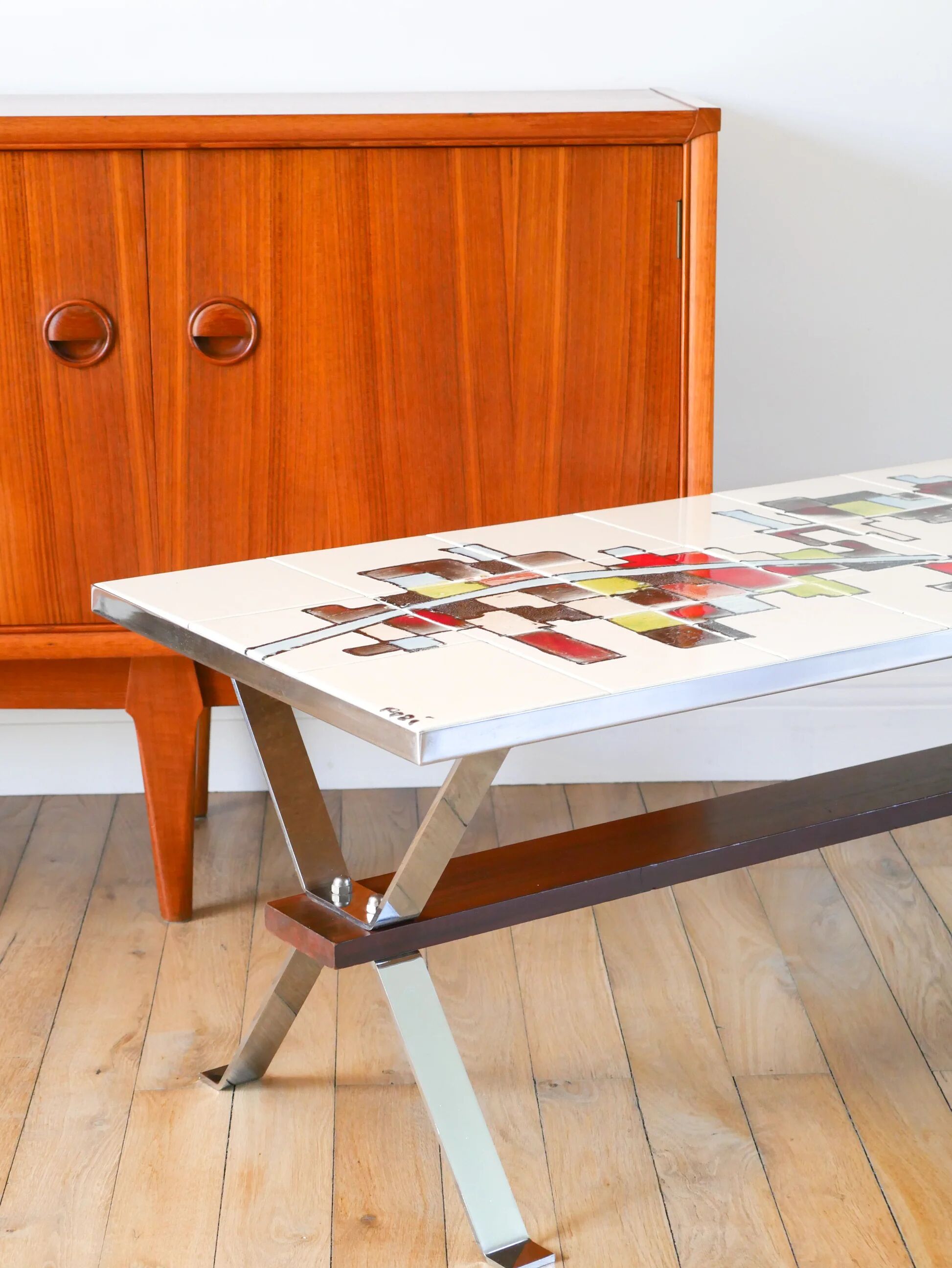 Ceramic coffee table, chrome and teak legs, Space Age, signed, 1970.