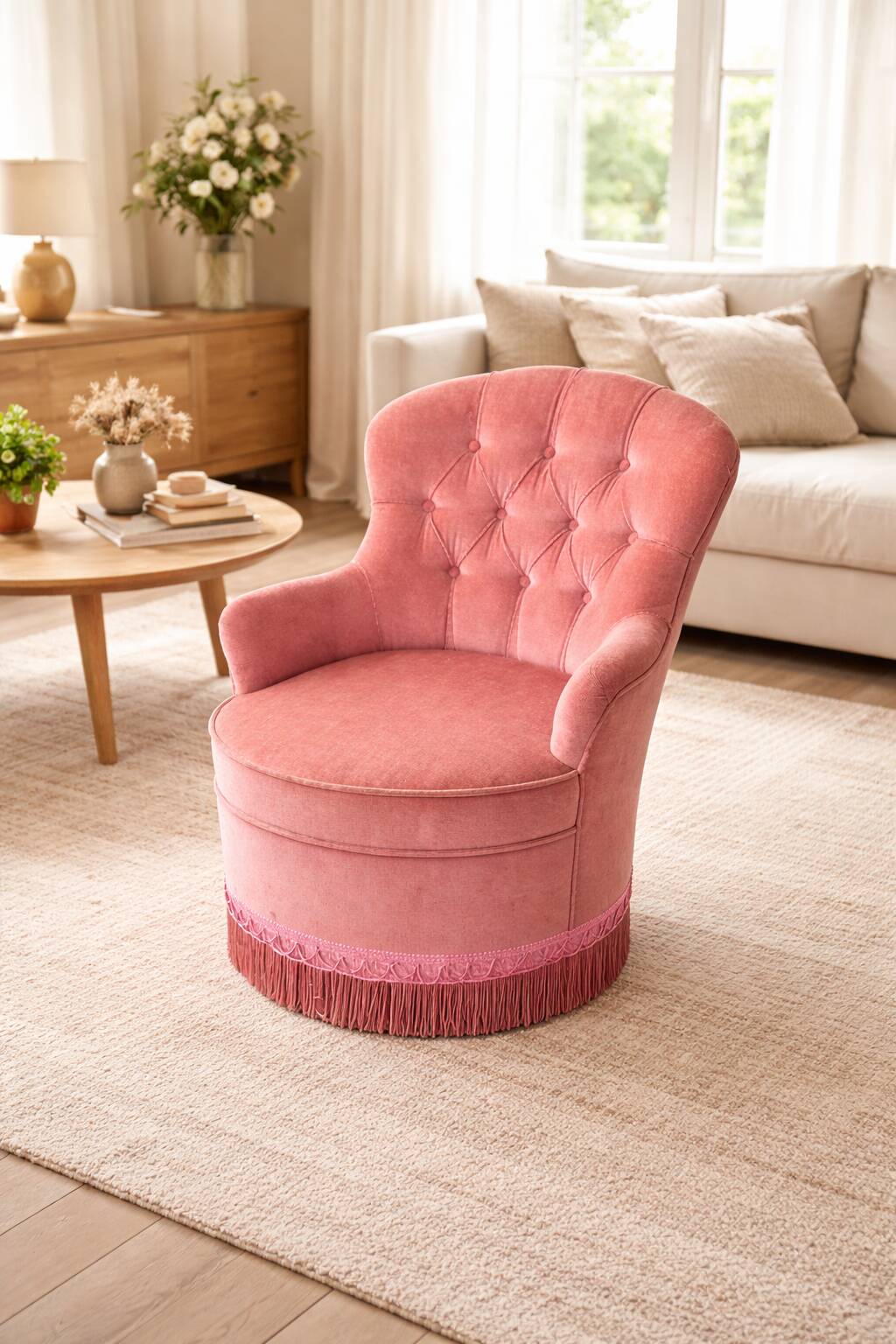 Vintage pink velvet tufted armchair with fringes.