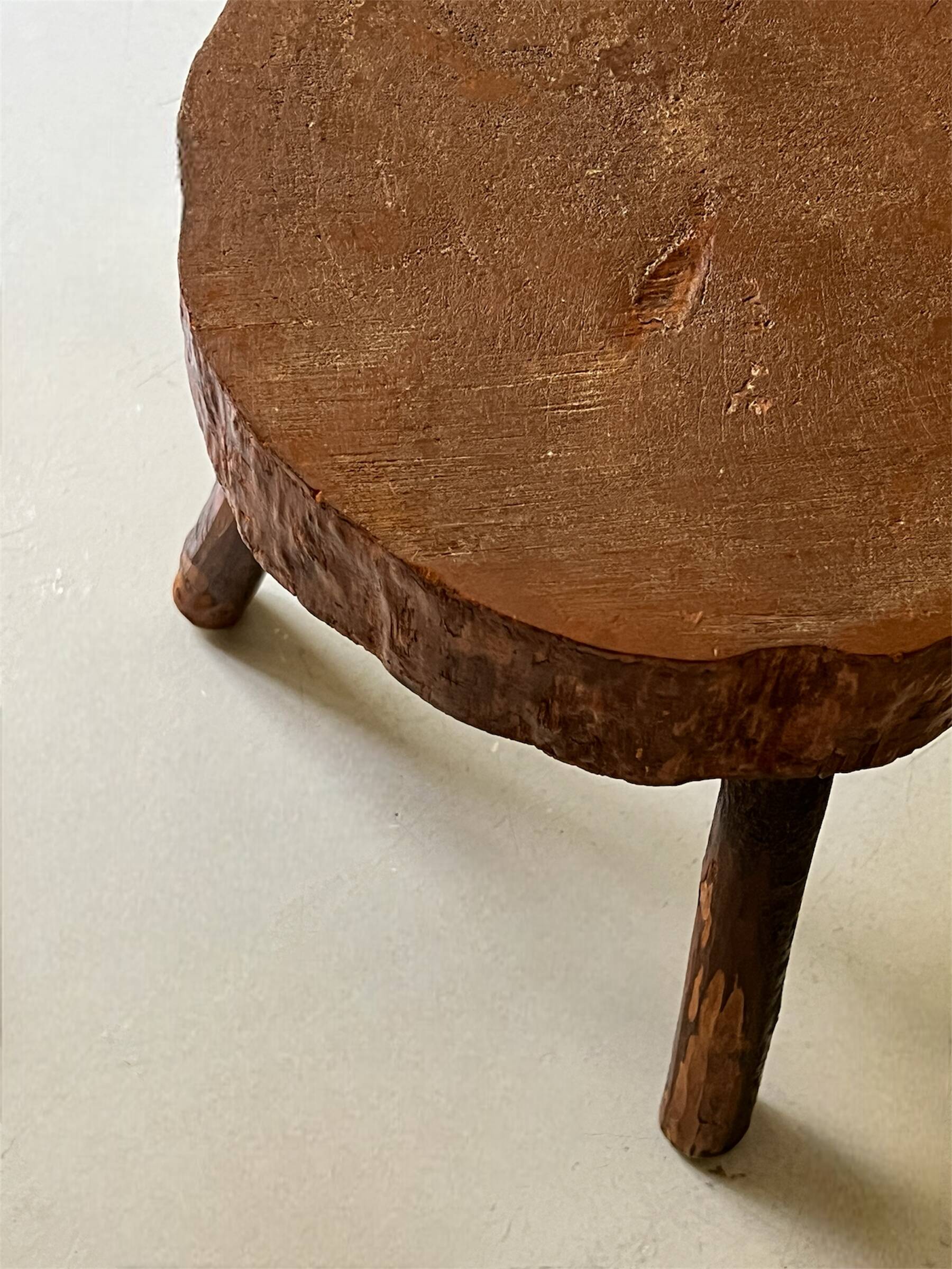 brutalist solid wood tripod stool, France circa 1960