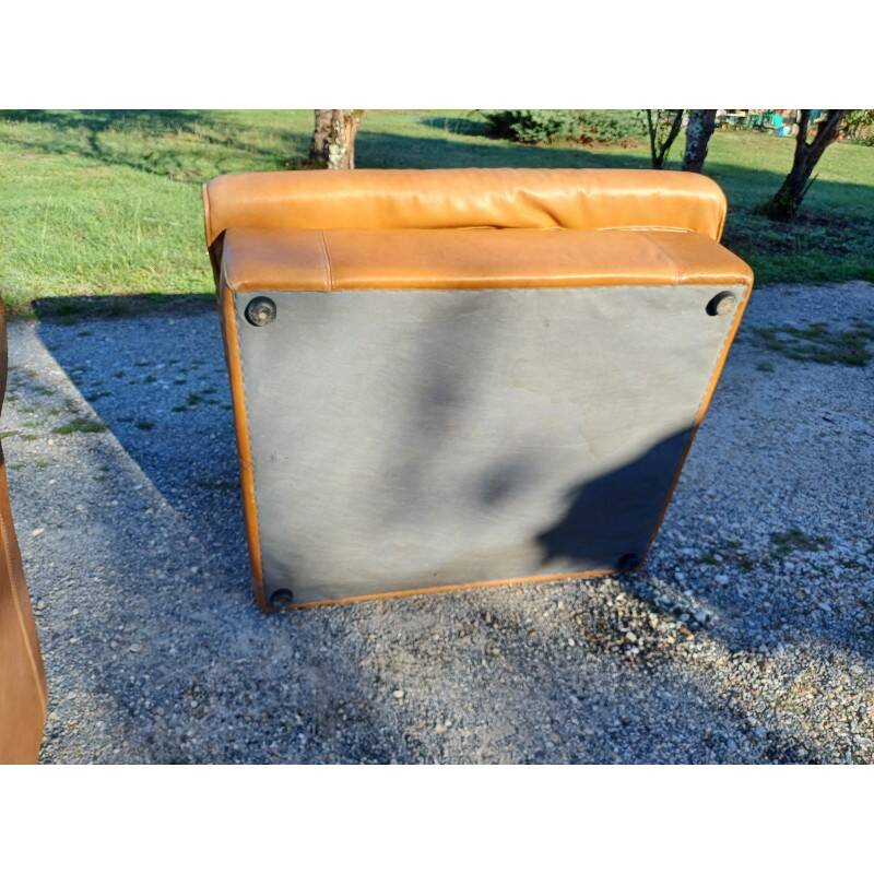 Paire de fauteuils vintage en skaï marron clair