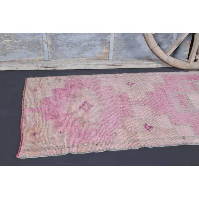 Vintage Turkish Oushak handmade wool cotton pink runner rug 100x320