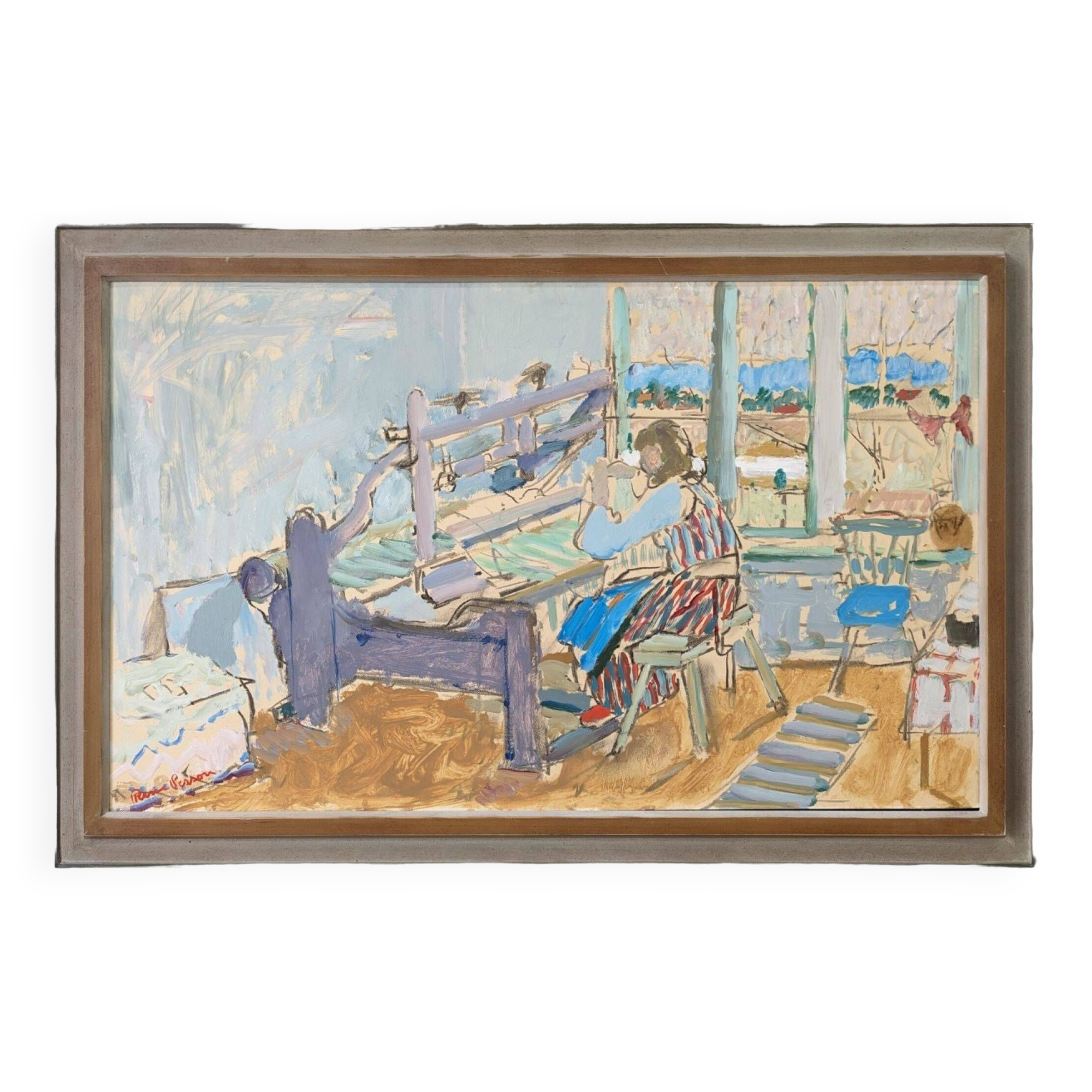 Mid-Century Modern "The Loom" Vintage Swedish Oil Painting, Figure in an Interior