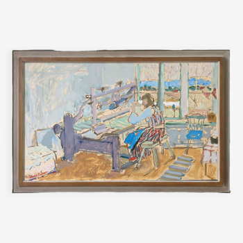 Peinture à l’huile suédoise vintage « The Loom » du milieu du siècle, figure dans un intérieur