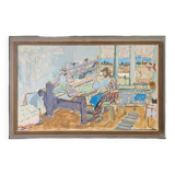 Peinture à l’huile suédoise vintage « The Loom » du milieu du siècle, figure dans un intérieur