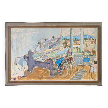 Mid-Century Modern "The Loom" Vintage Swedish Oil Painting, Figure in an Interior