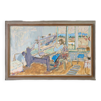 Peinture à l’huile suédoise vintage « The Loom » du milieu du siècle, figure dans un intérieur