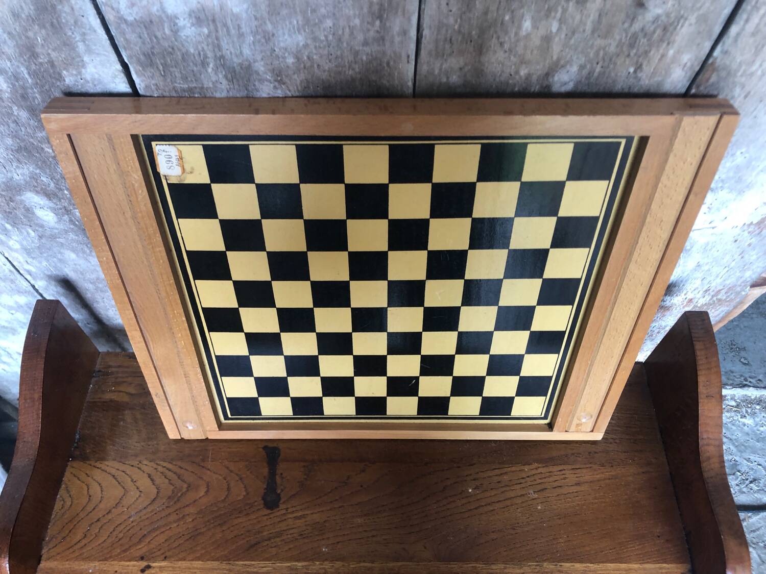 Old Vintage Wooden Double Game Board of Checkers & Small Horses #A782