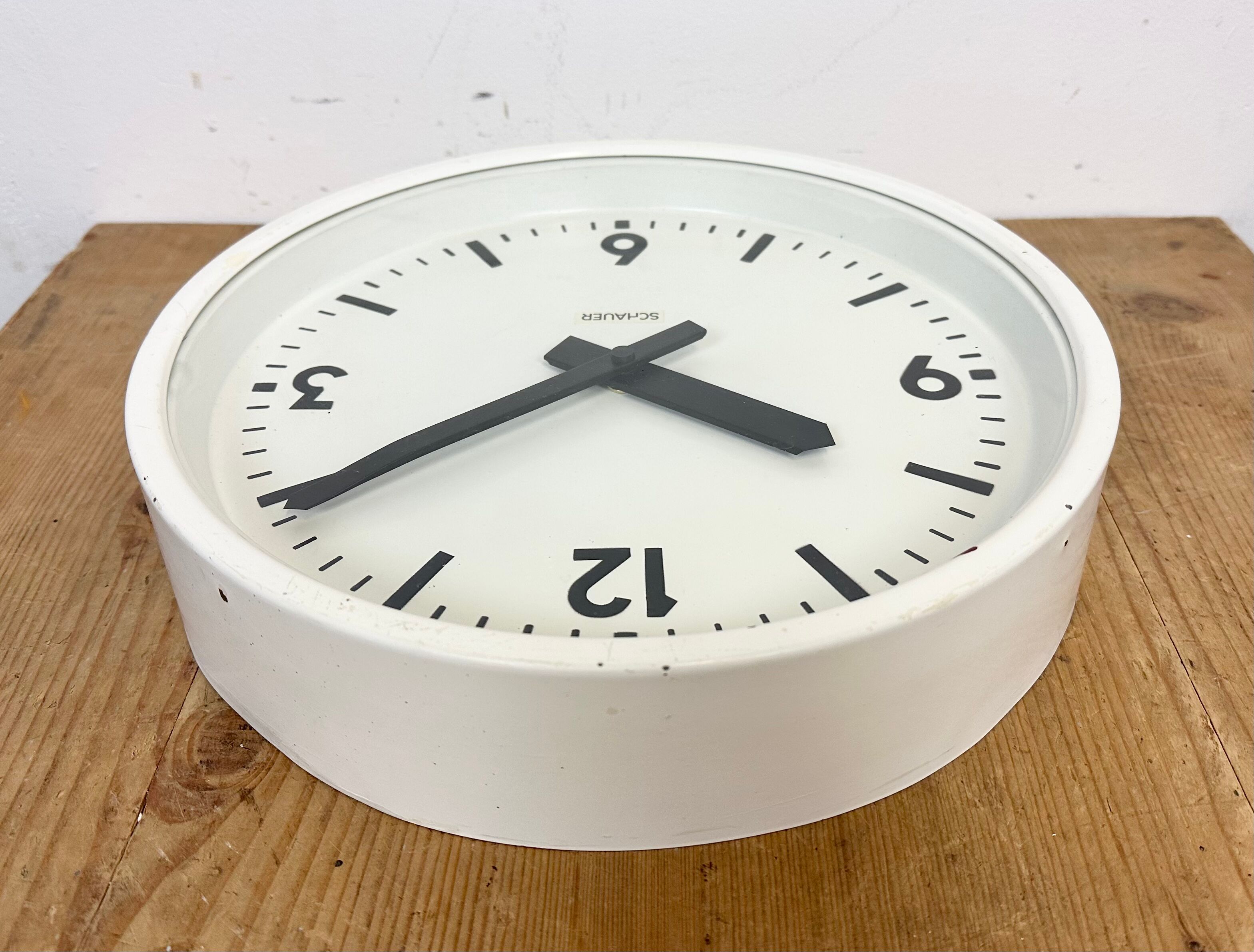 White industrial austrian factory wall clock from Schauer, 1960s