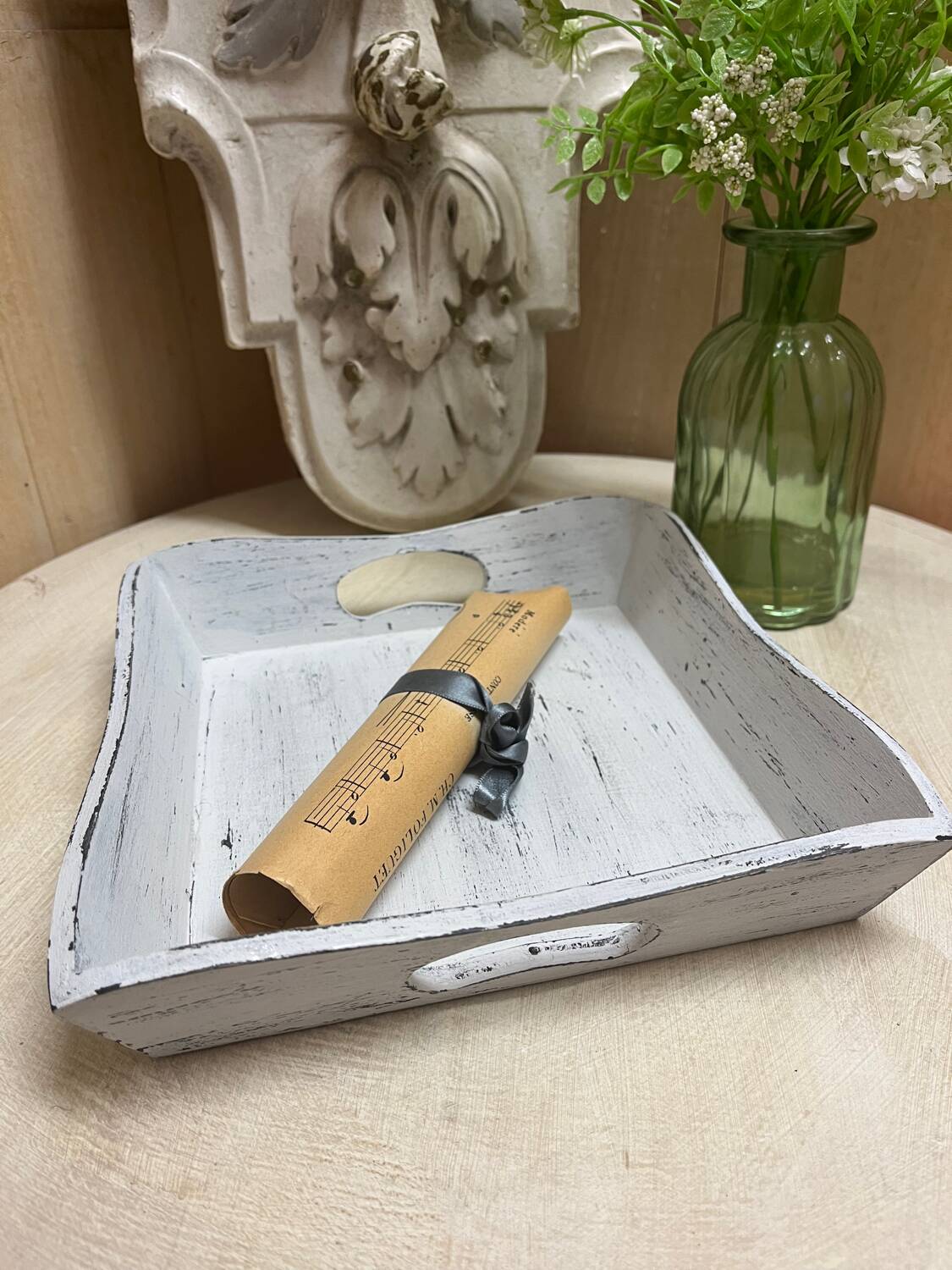 Old wooden tray with aged white patina