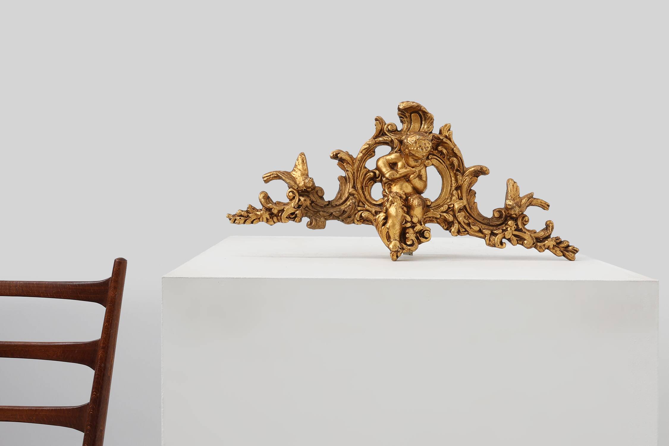 Louis XV Giltwood Ornament with Central Putto and C‑Scrolls, 18th Century