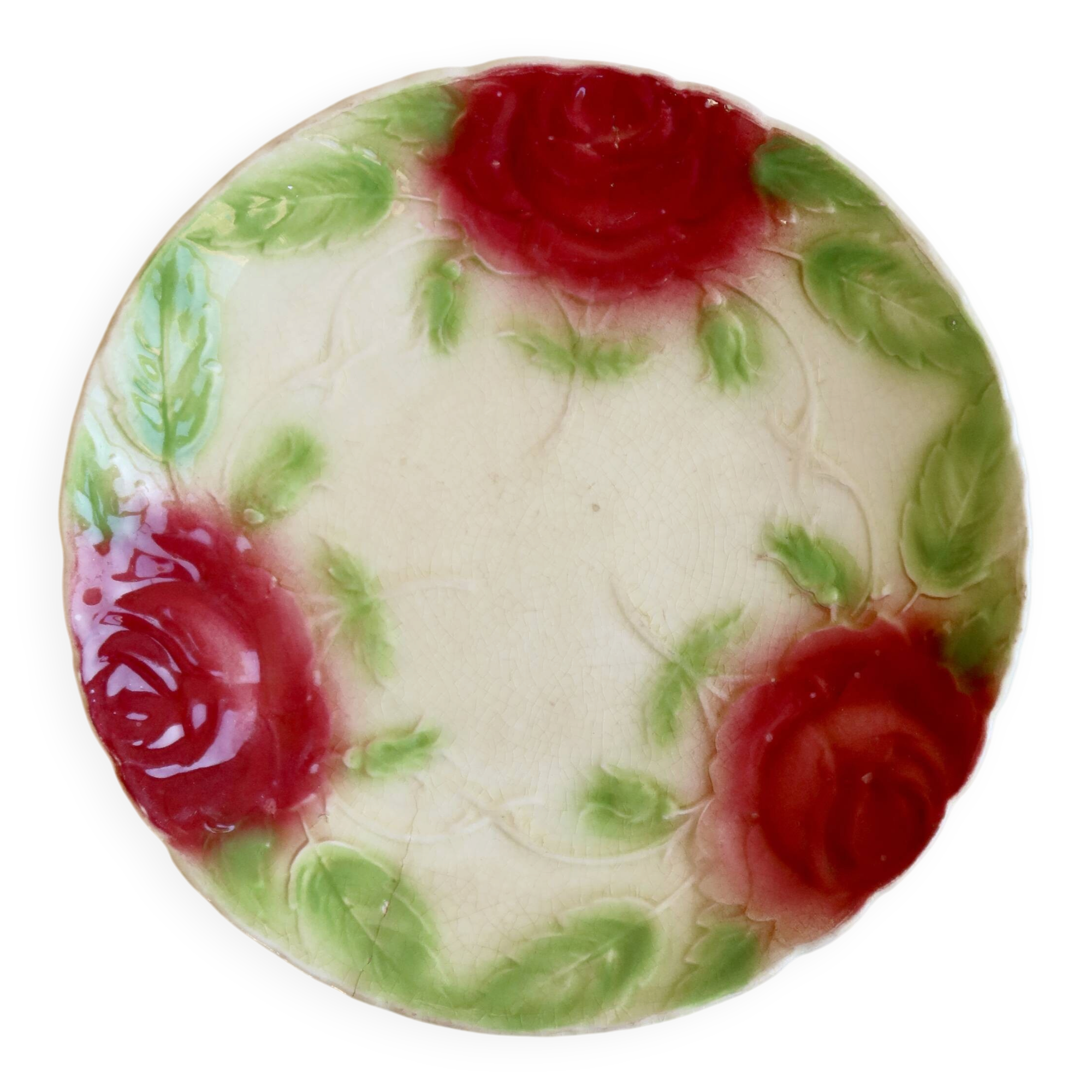Vintage dessert plate in majolica – Red rose decoration