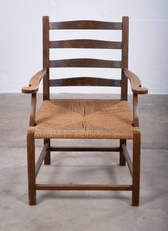 Danish Stained Oak Armchair with Cane and Spindle Back, 1940s