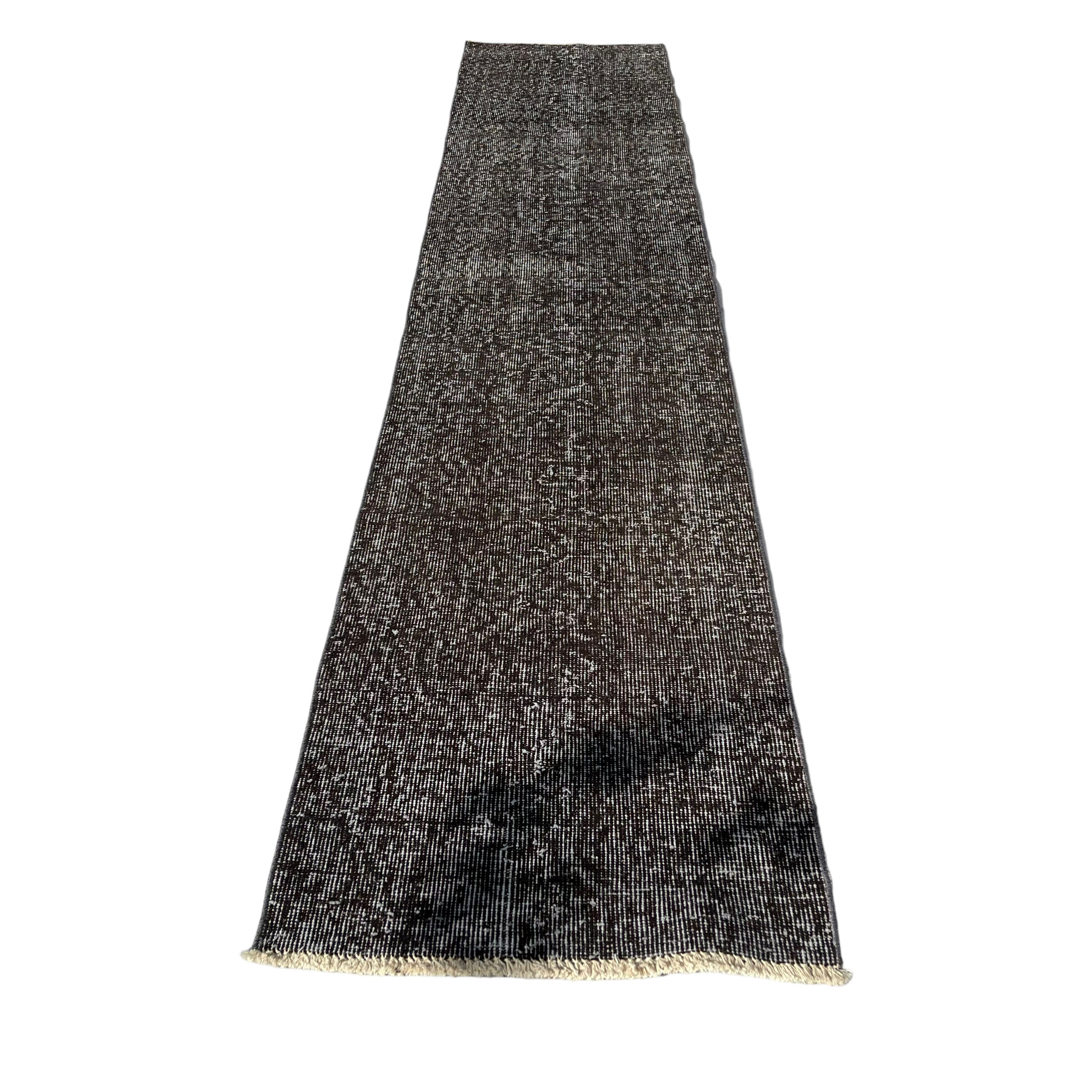 Distressed turkish narrow runner 290 x 60 cm wool vintage rug, overdyed black