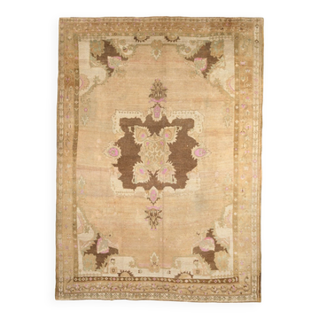 Tapis persan vintage marron clair et rose, fait main en laine, décoration intérieure classique