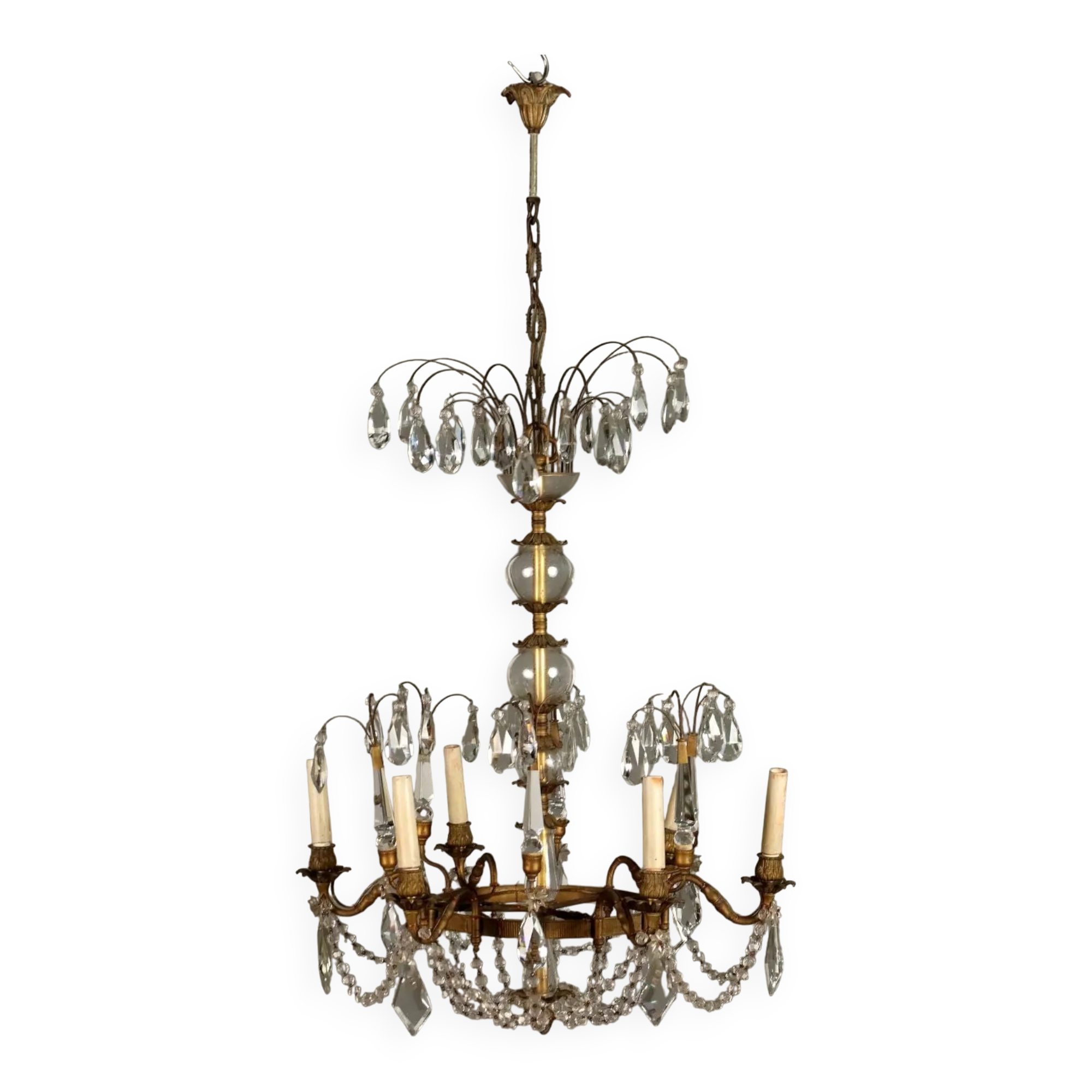 Lustre ancien en métal bruni à 6 bras en verre, Italie, XXe siècle
