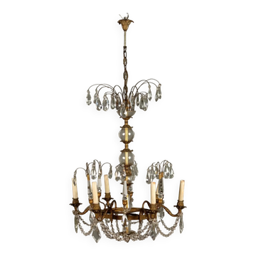 Lustre ancien en métal bruni à 6 bras en verre, Italie, XXe siècle