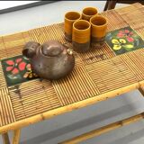 Table basse en rotin avec carreaux de céramique, années 60