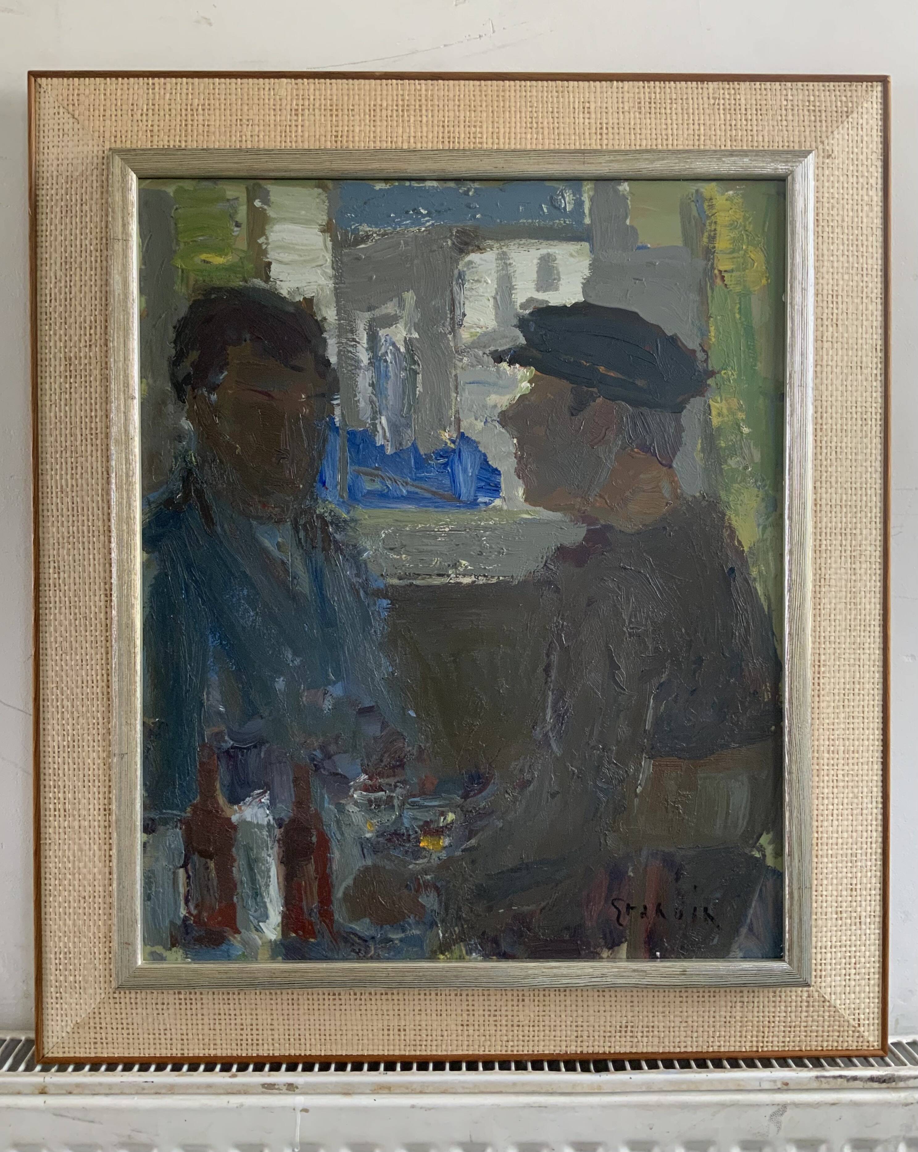 Original Svan Grandin Vintage Oil Painting  Portrait of two men in cafe