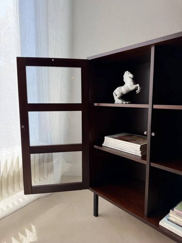Mid-century display cabinet dark wood glass