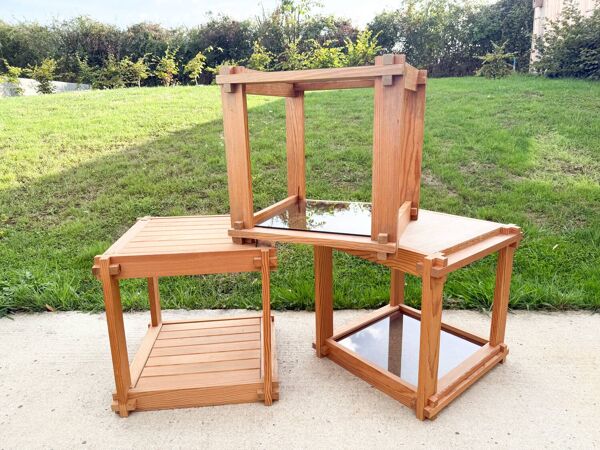 3 tables basses,d’appoint,bouts de canapé,chevets, pin et verre fumé