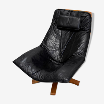 Leather and beech relaxation chair - 1970 / 1980