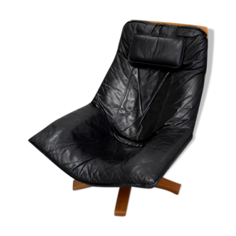 Fauteuil de relaxation en cuir et hêtre – 1970 / 1980