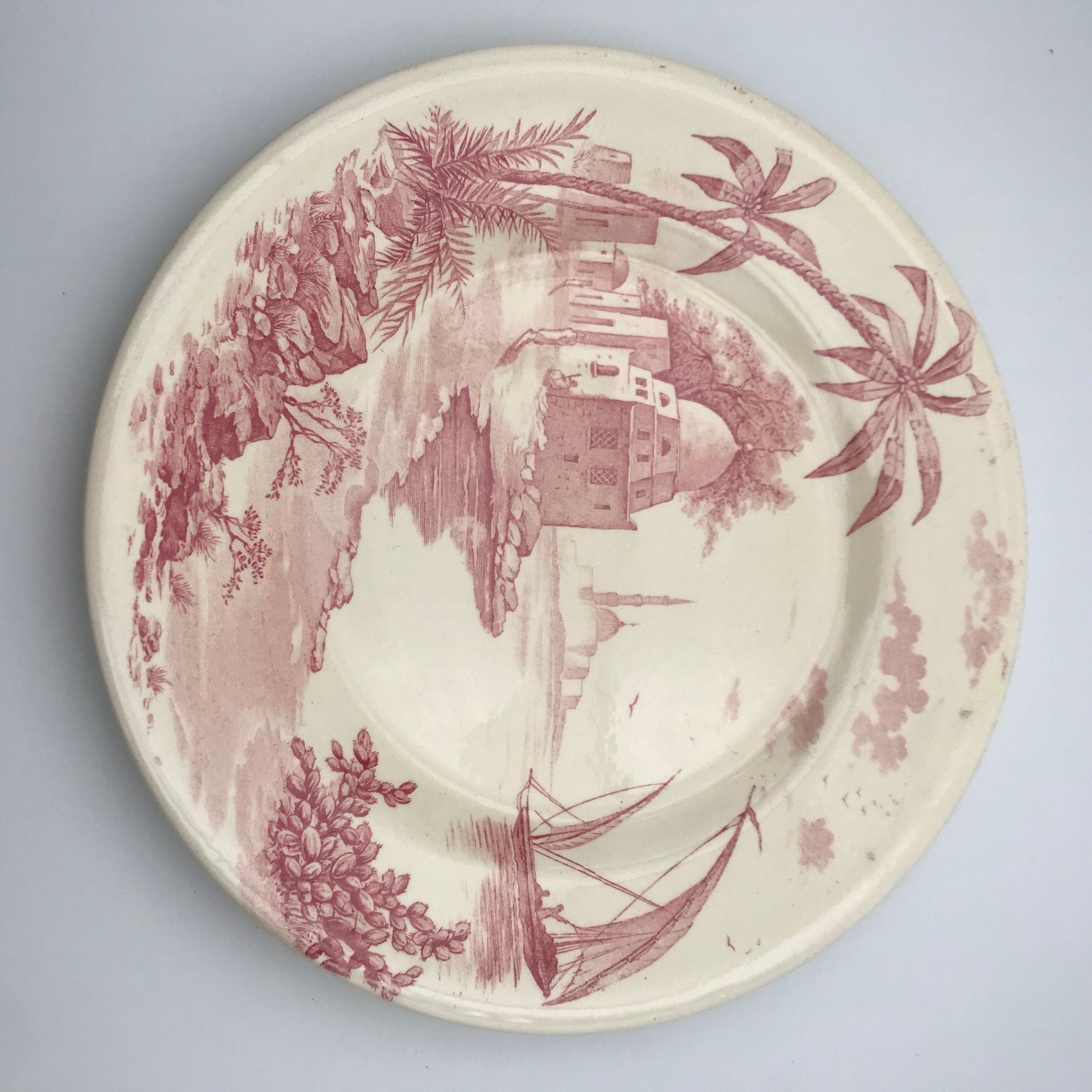 6 vintage pink Shabby dessert plates seen from the east