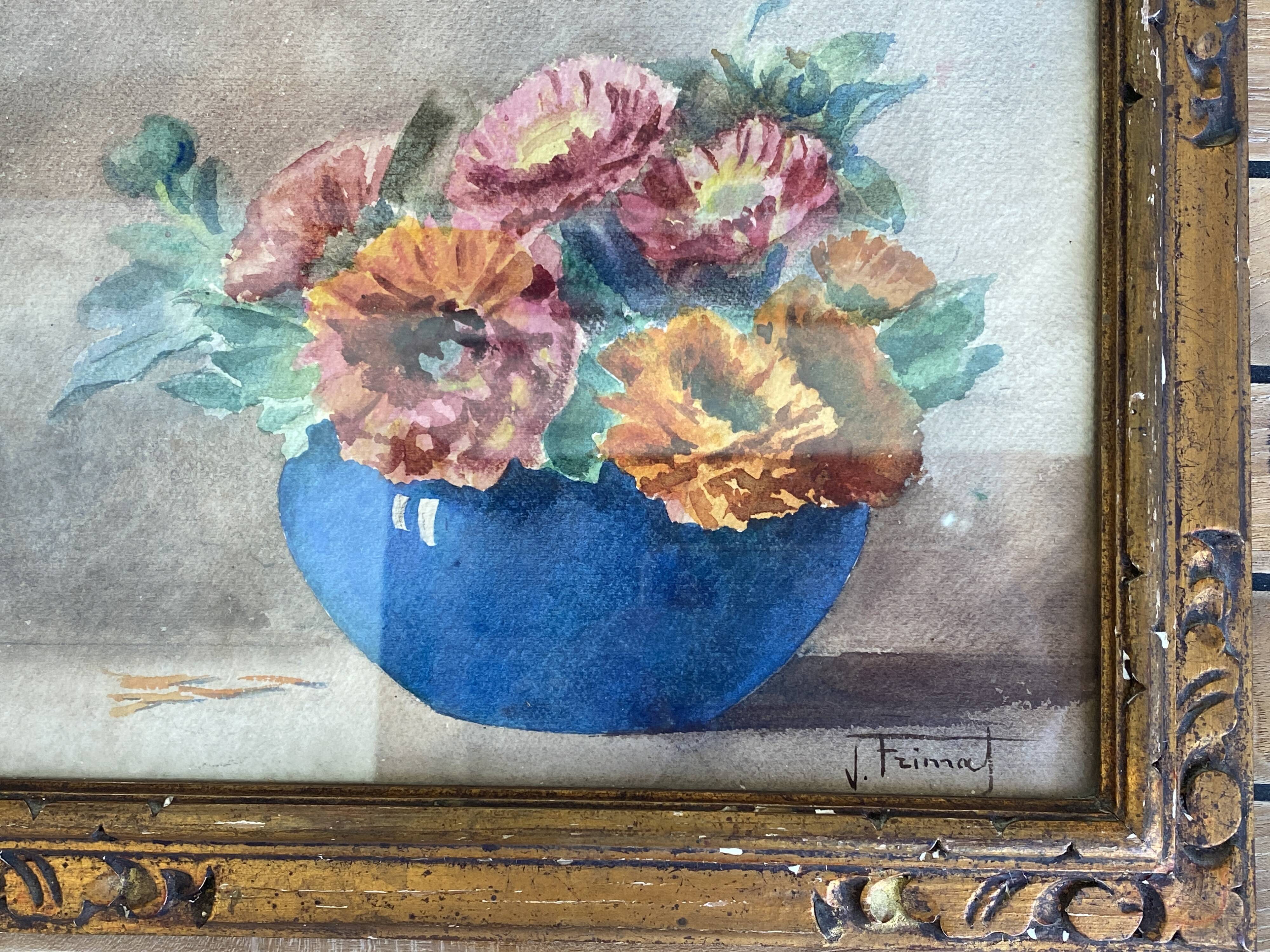 Aquarelle "bouquet de zinias" signée ancienne