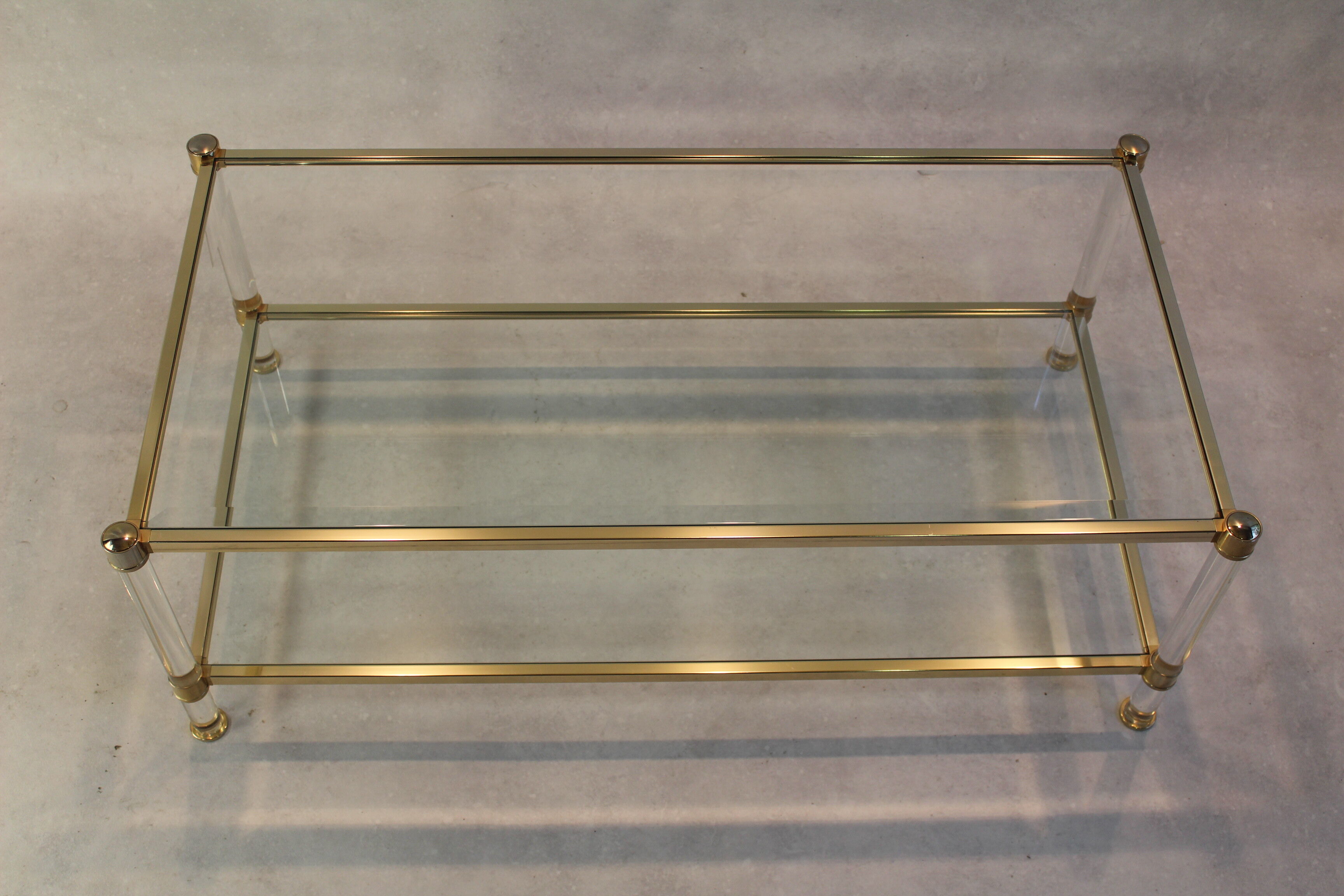 Plexiglass, glass and brass coffee table after Romeo Rega