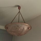 Art Deco Suspension Lamp in Pastel Pink Frosted Glass Signed Degué France 1930s