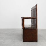 Rustic solid oak carved bench with storage compartment, France 19th century