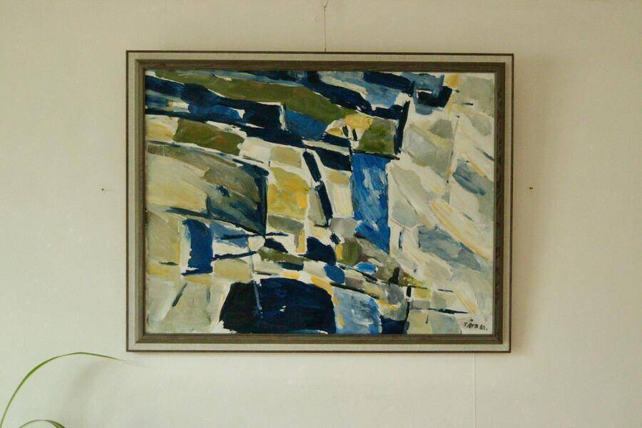 Original mid-century Swedish oil on canvas – “Abstract Composition” by Tryggve Örn – vintage & framed, 52.5 × 67 cm