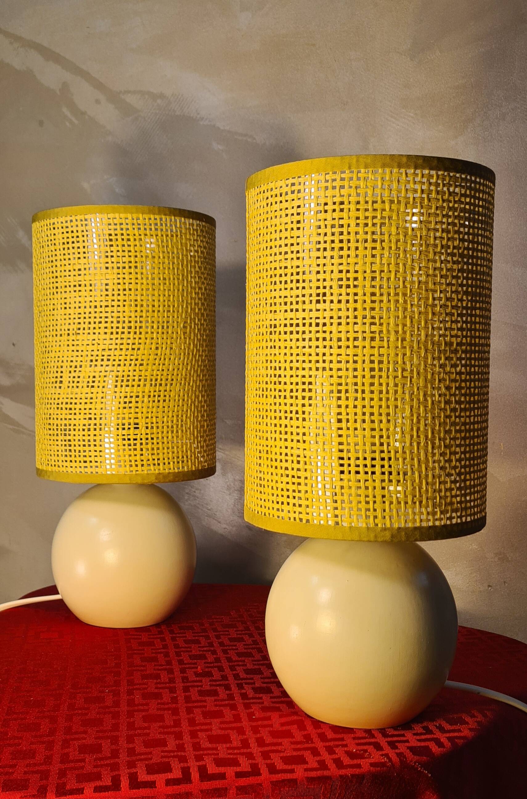 Pair of wooden bedside lamps with rush lampshades, scandinavian