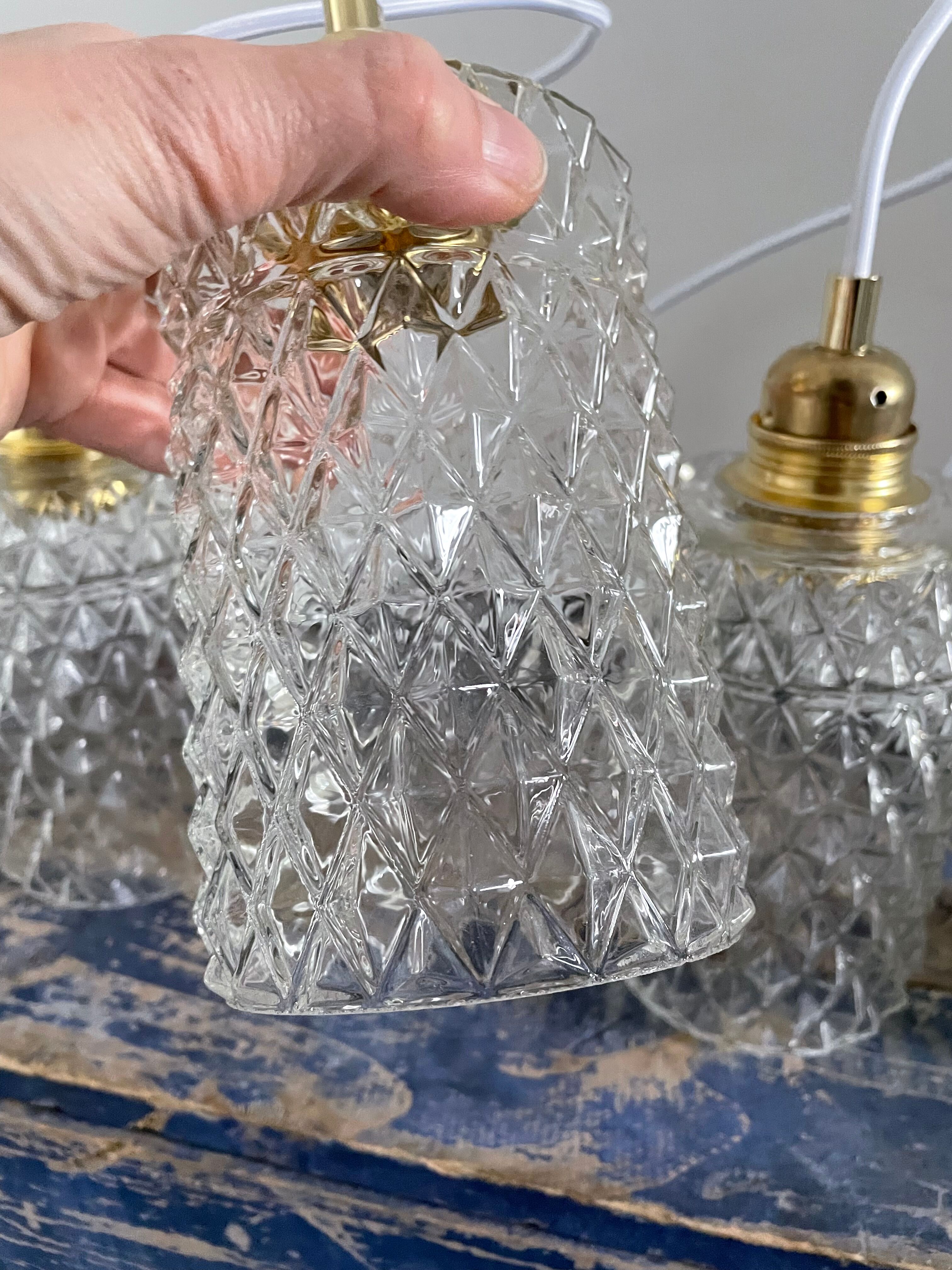 Set of three vintage pendant lamps in chiseled glass
