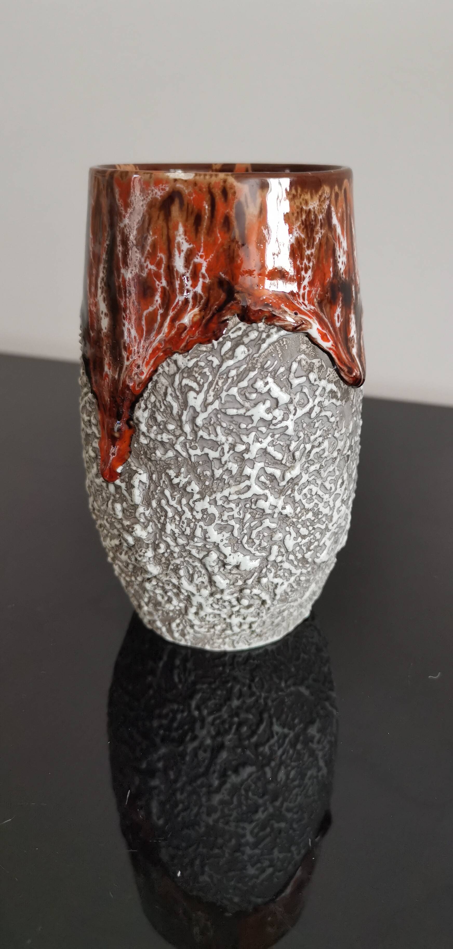 Zoomorphic vase in fat lava orange/brown flamed Vallauris style ceramic