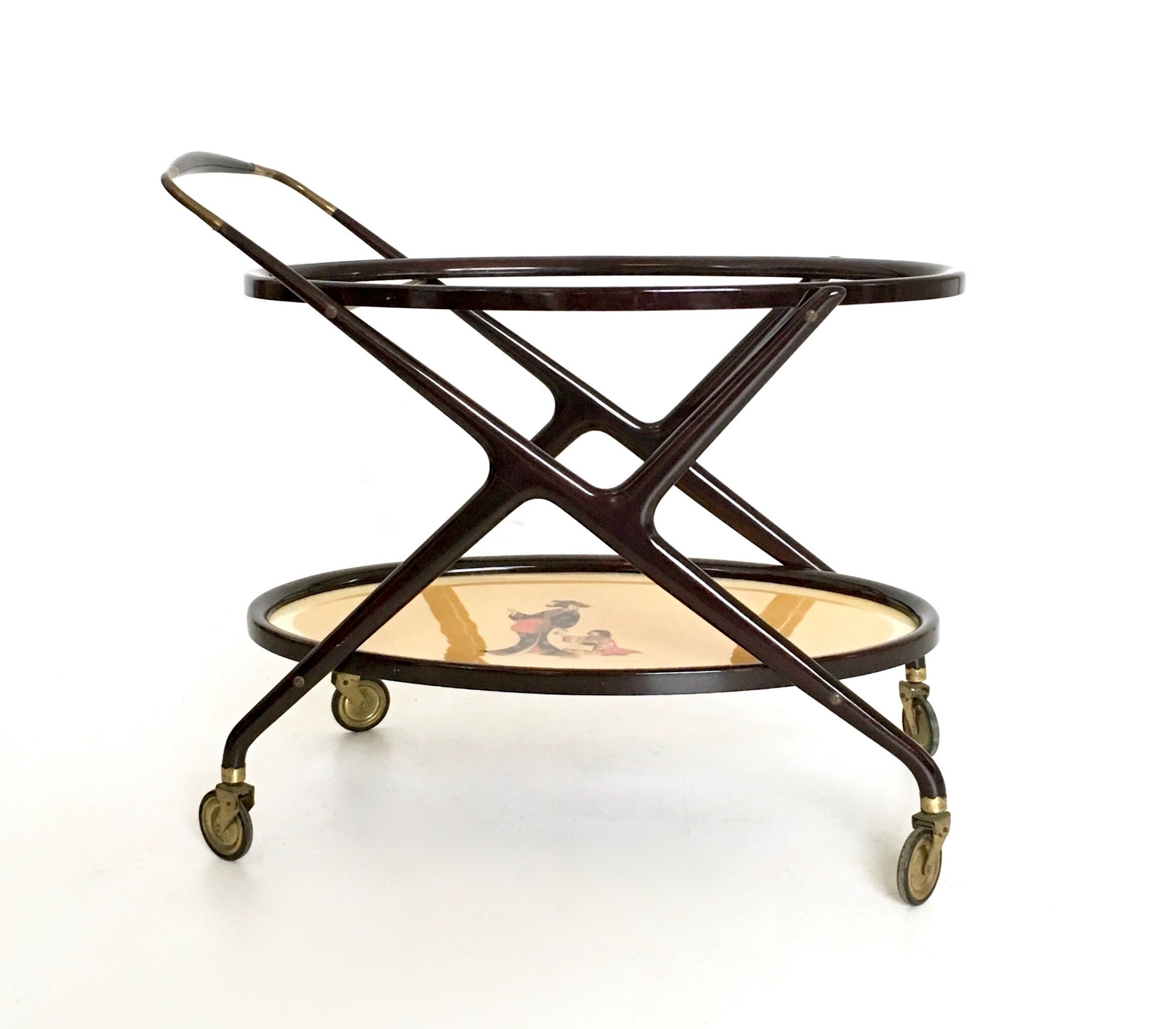 Vintage ebonized beech serving cart with oriental print, italy