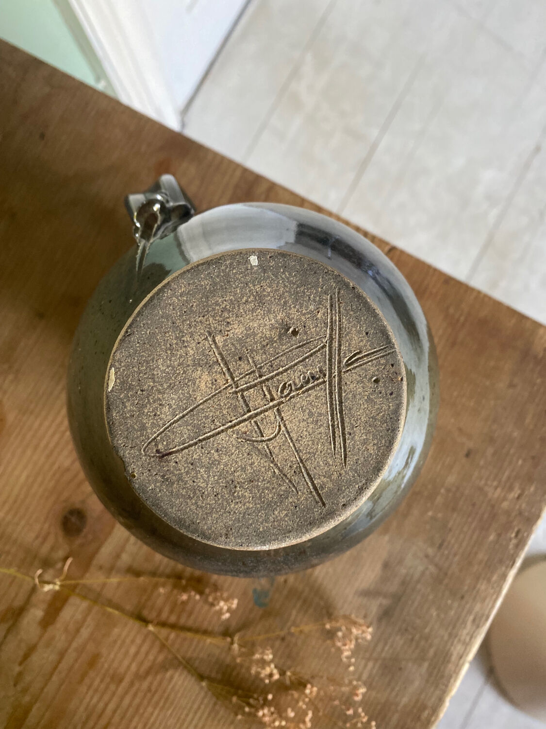 Blue carafe in glazed stoneware ceramic signed