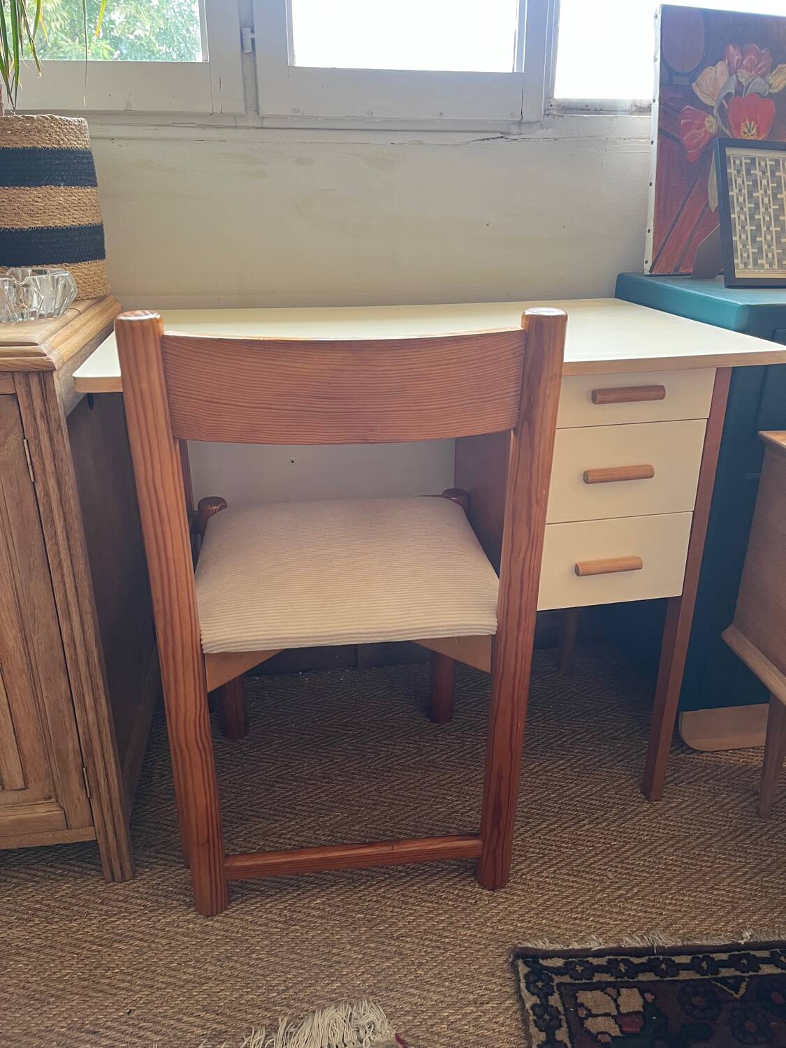 Vintage wooden chair with cream white corduroy seat