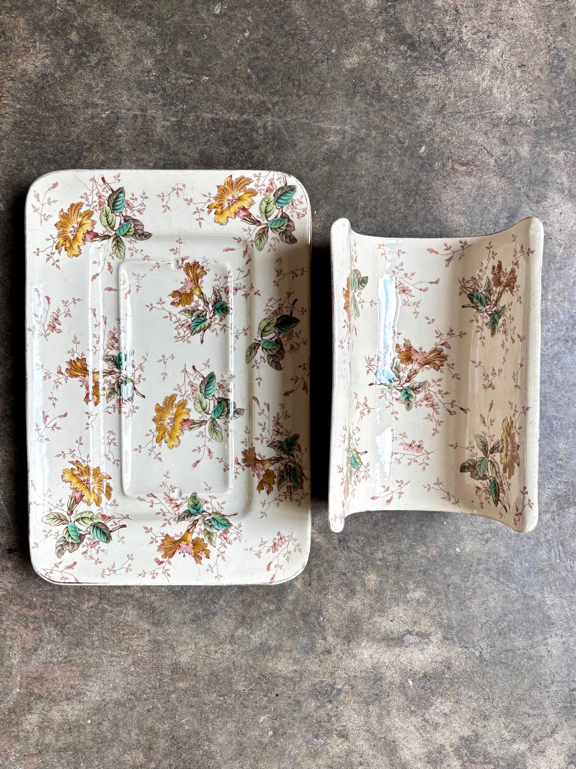 Lunéville asparagus dish in polychrome and gilded ironstone