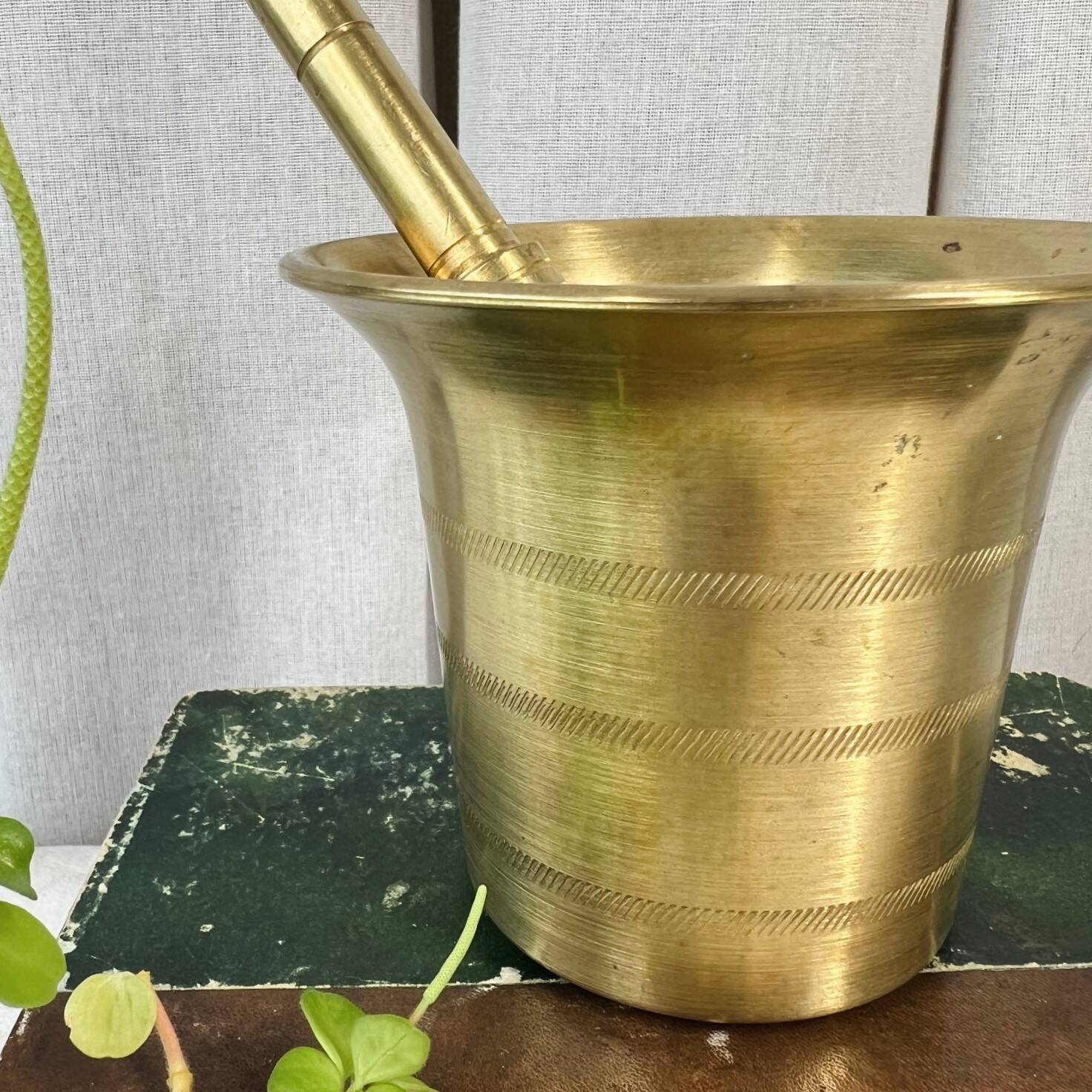 Large brass mortar with pestle